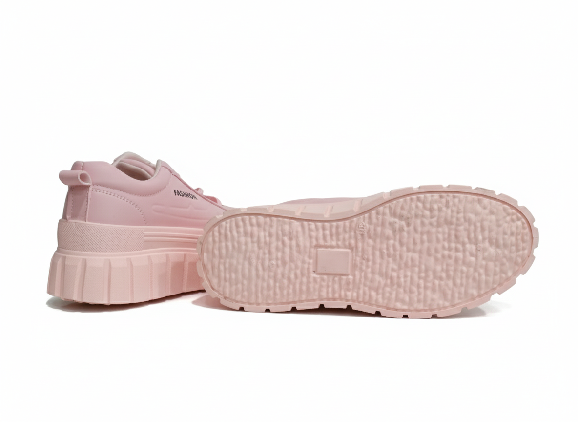 Pink sneakers with 'Fashion' text, Sole