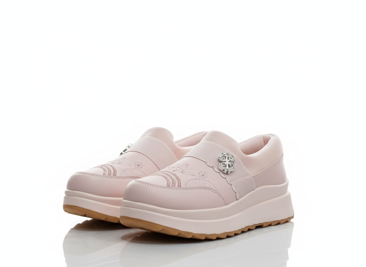 Pair of pink slip-on shoes with decorative elements