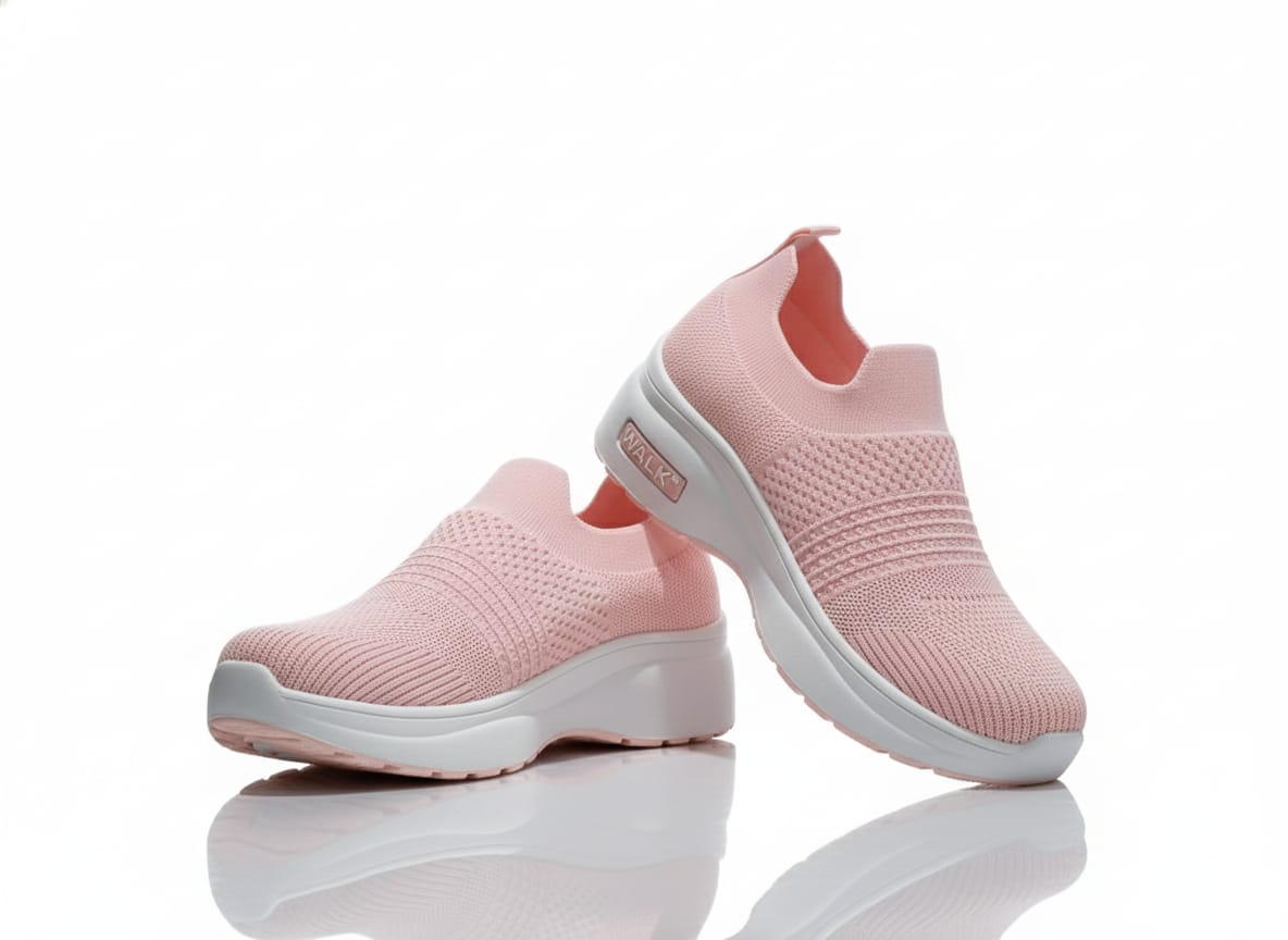 Pair of pink slip-on sneakers with white soles