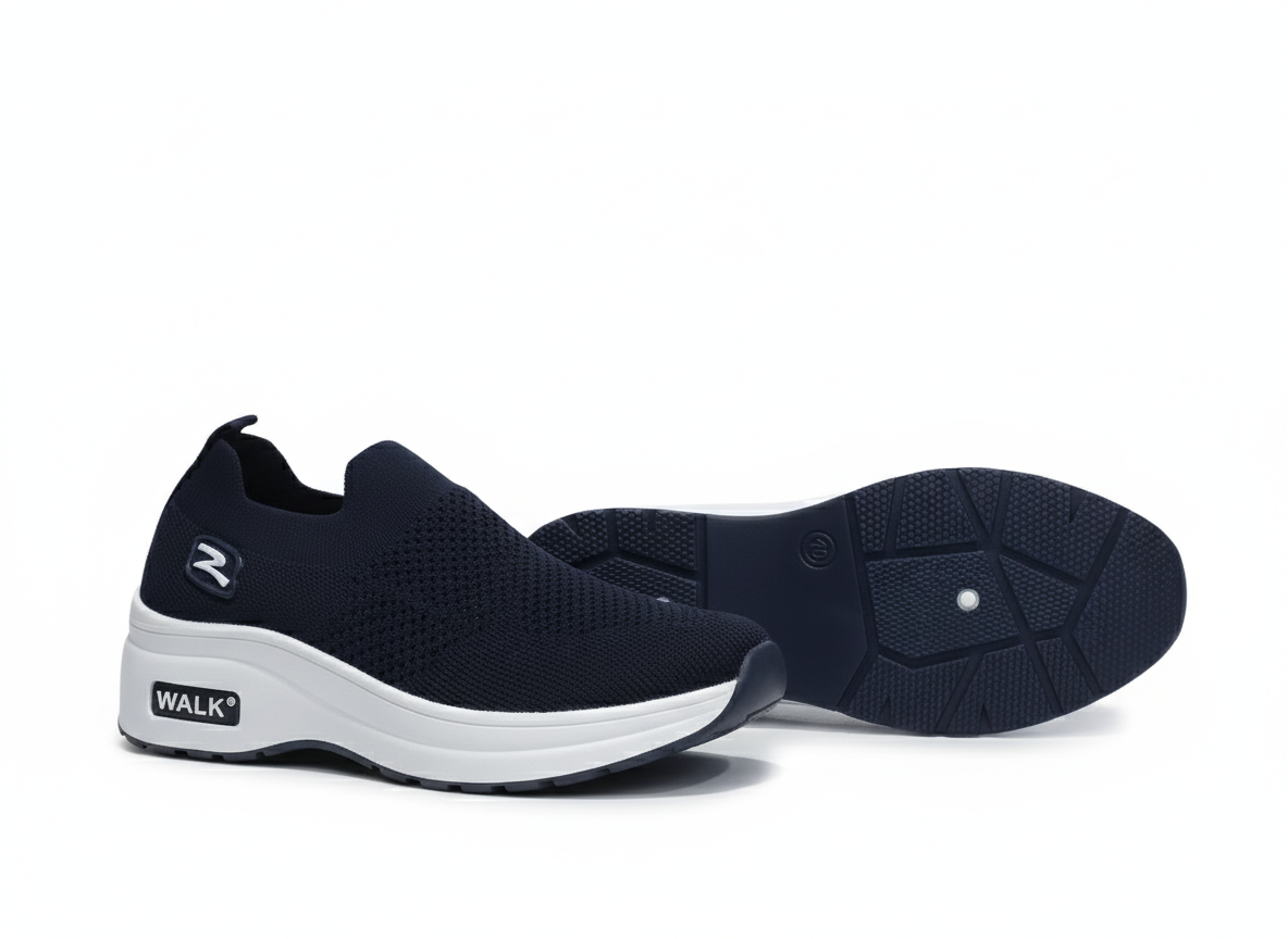 Pair of blue slip-on shoes with white soles