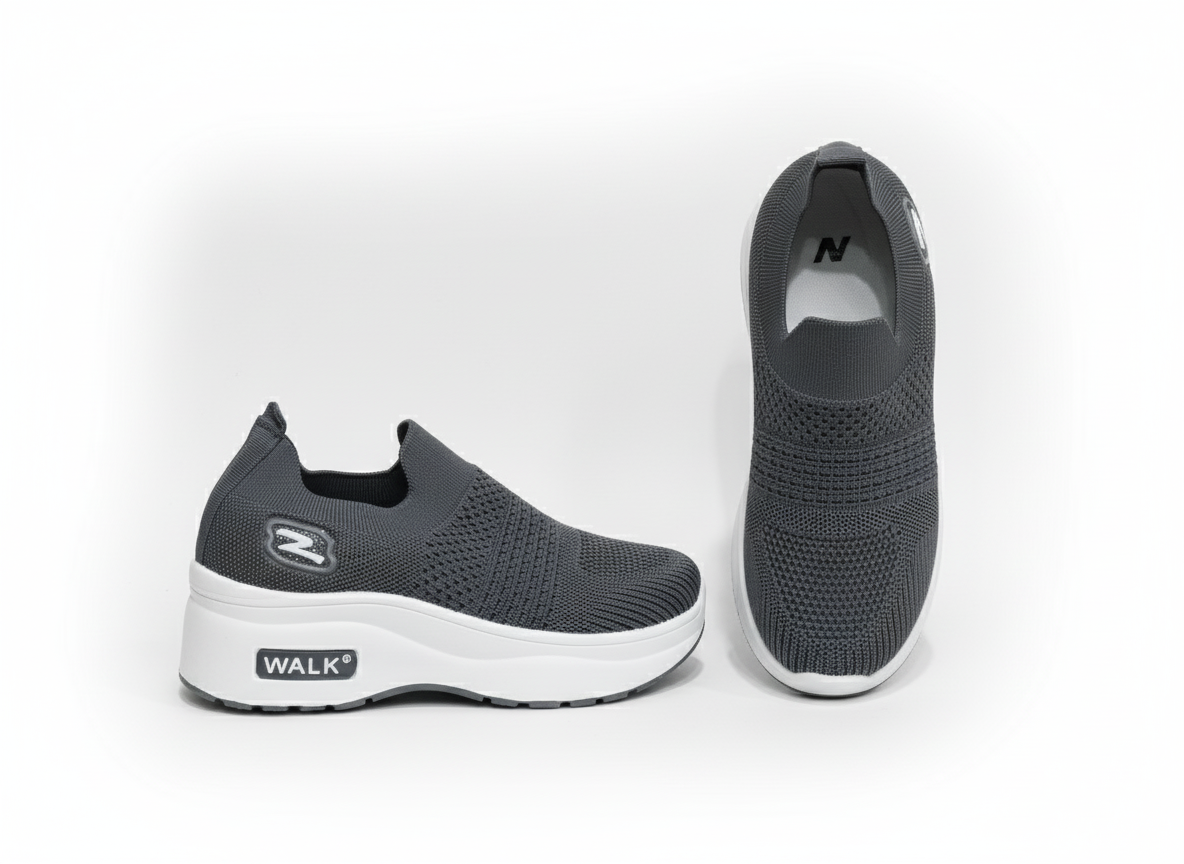 Pair of gray slip-on shoes with white sole