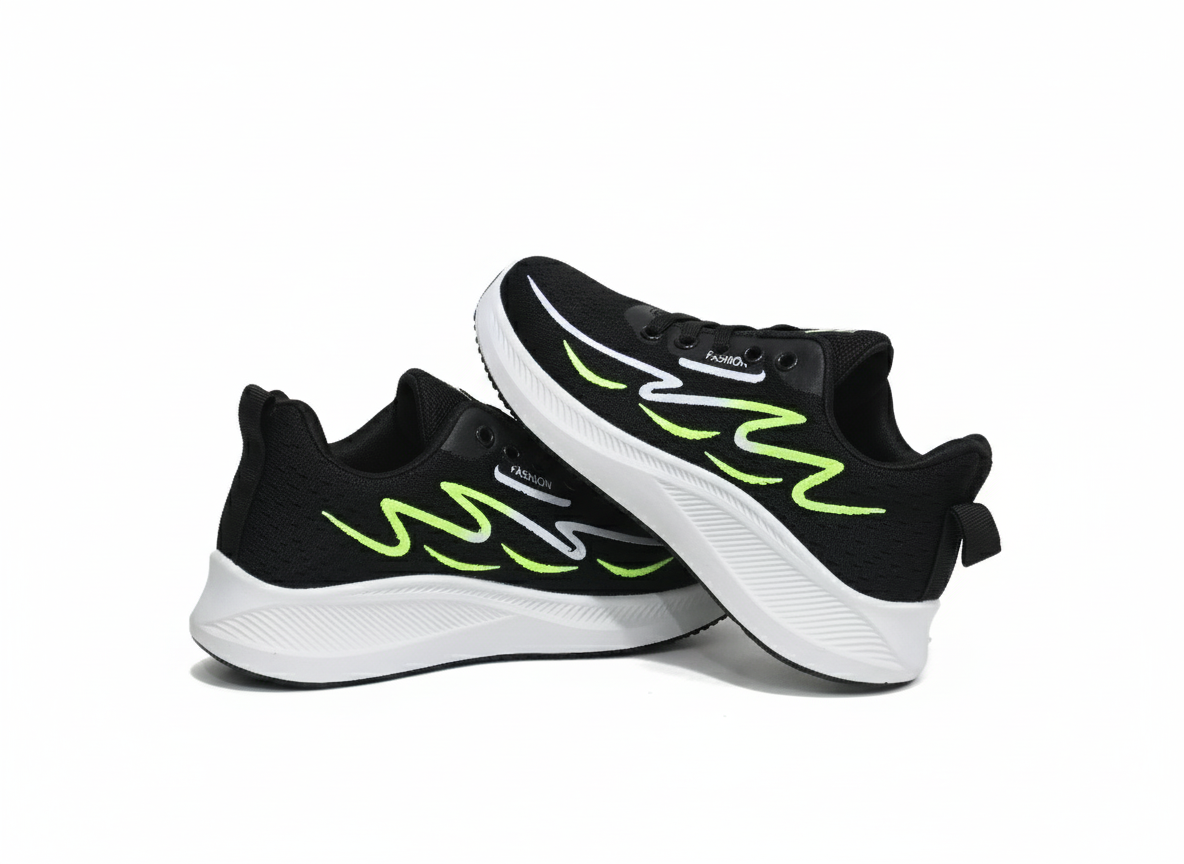 Black running shoes with green accents