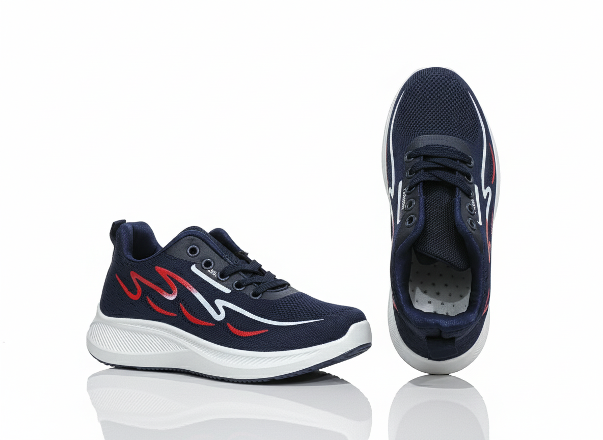 Blue running shoes with red and white design