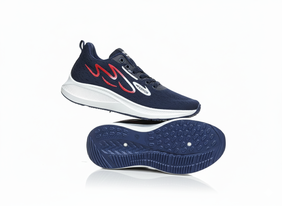 Blue running shoes with red and white design