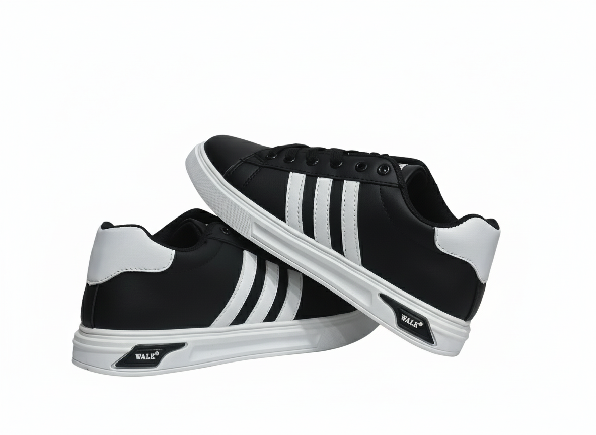 Black sneakers with visible white stripes