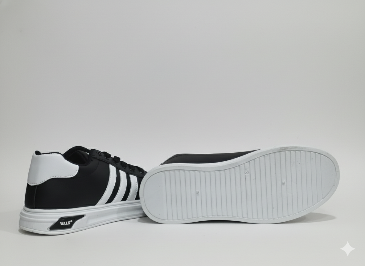Black sneakers with visible white stripes