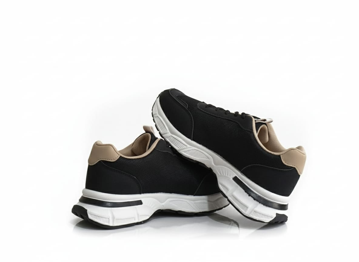 Black running shoes with white soles