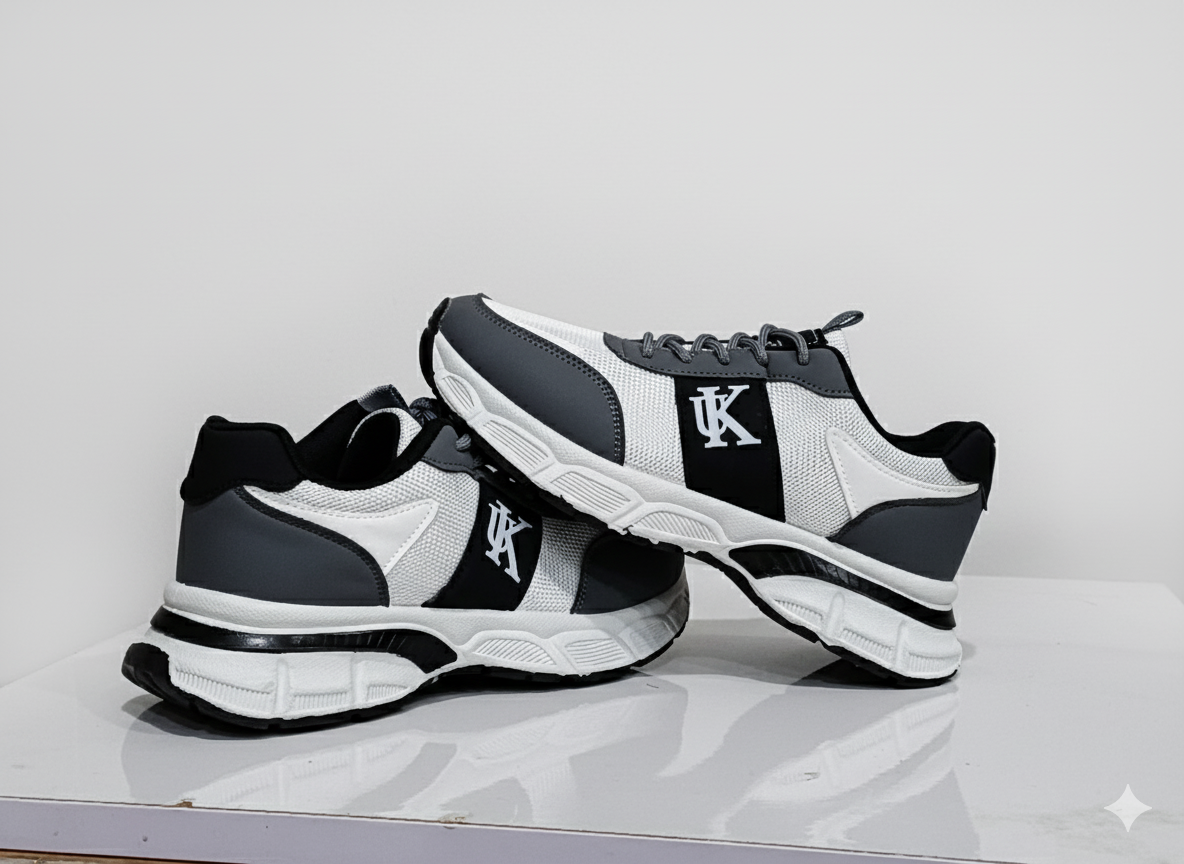 Grey and white sneakers