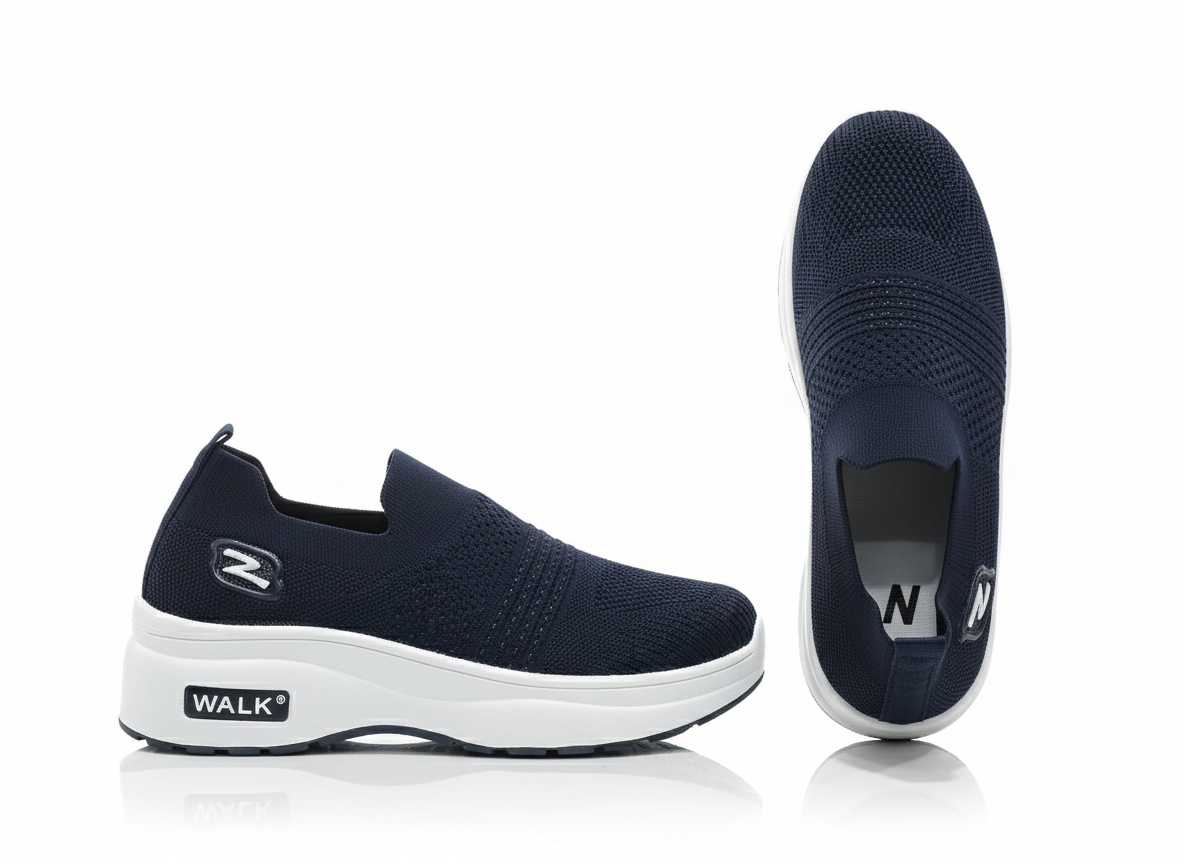 Blue slip-on shoes with white soles