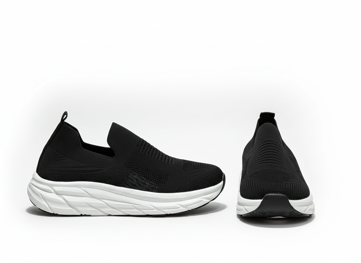 Black slip-on sneakers with white soles