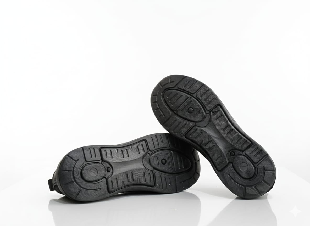 Sole of Pair of black loafers with gold accents