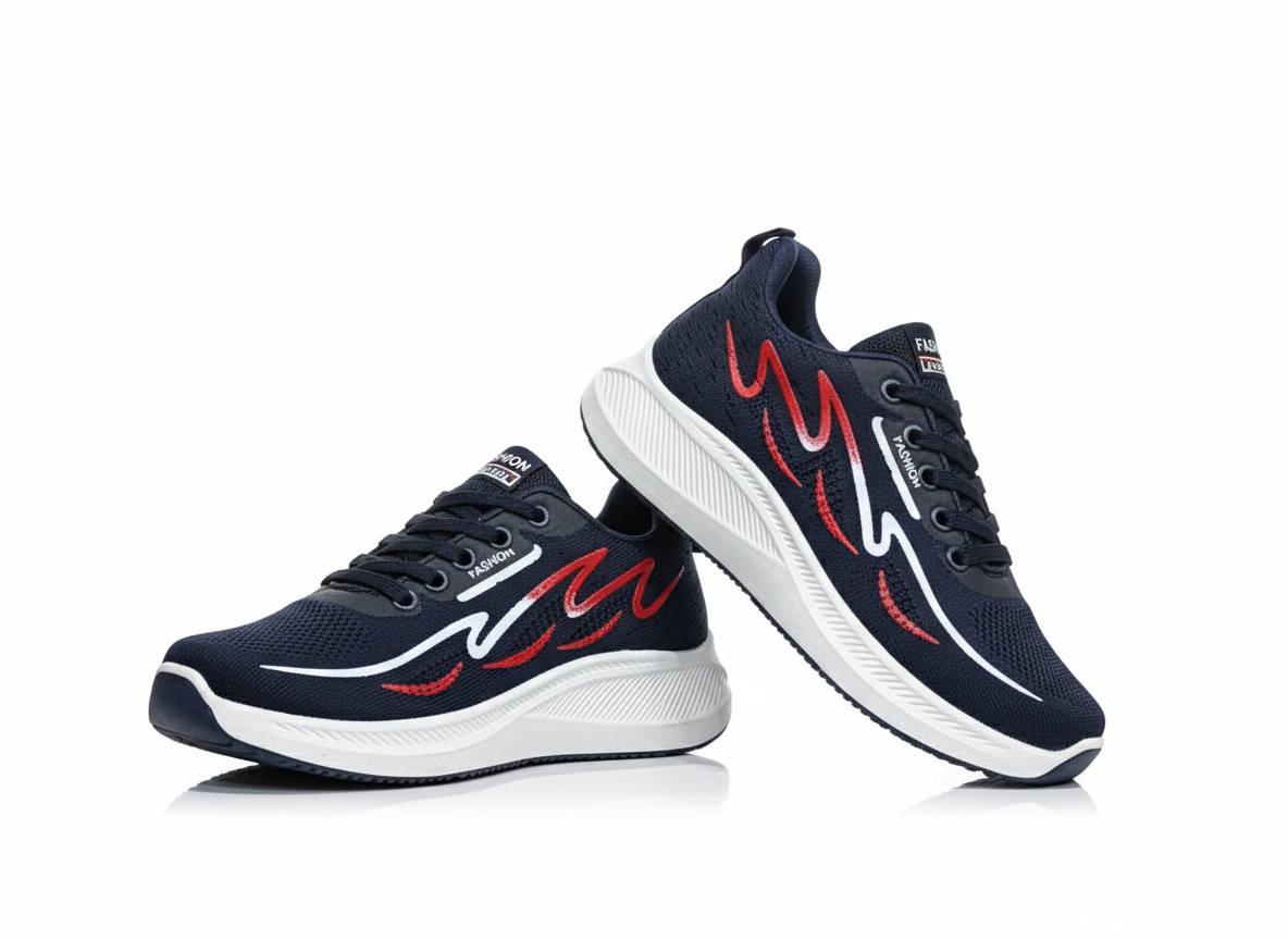 Blue running shoes with red and white design
