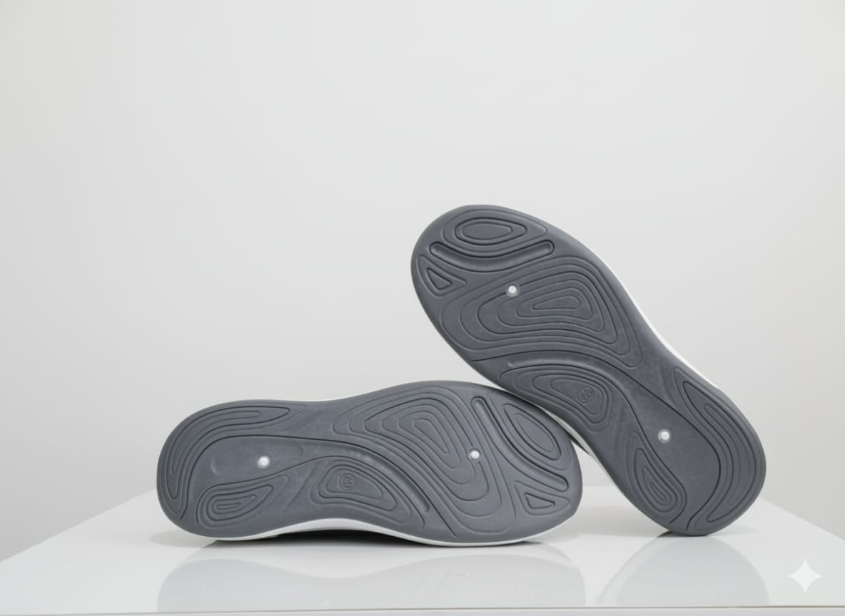 Gray athletic shoes with sole pattern 