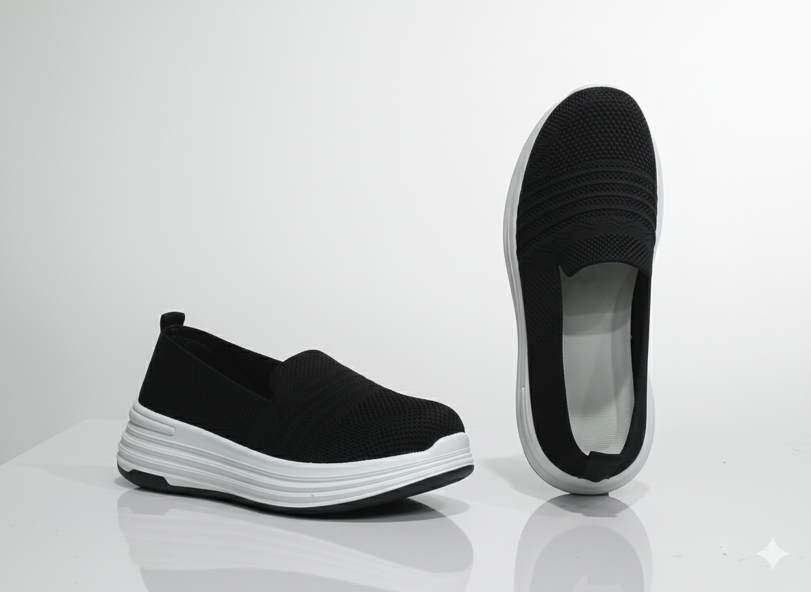 Black slip-on shoes with white sole 