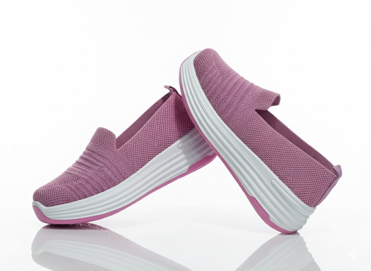 Pair of pink slip-on shoes with white soles 