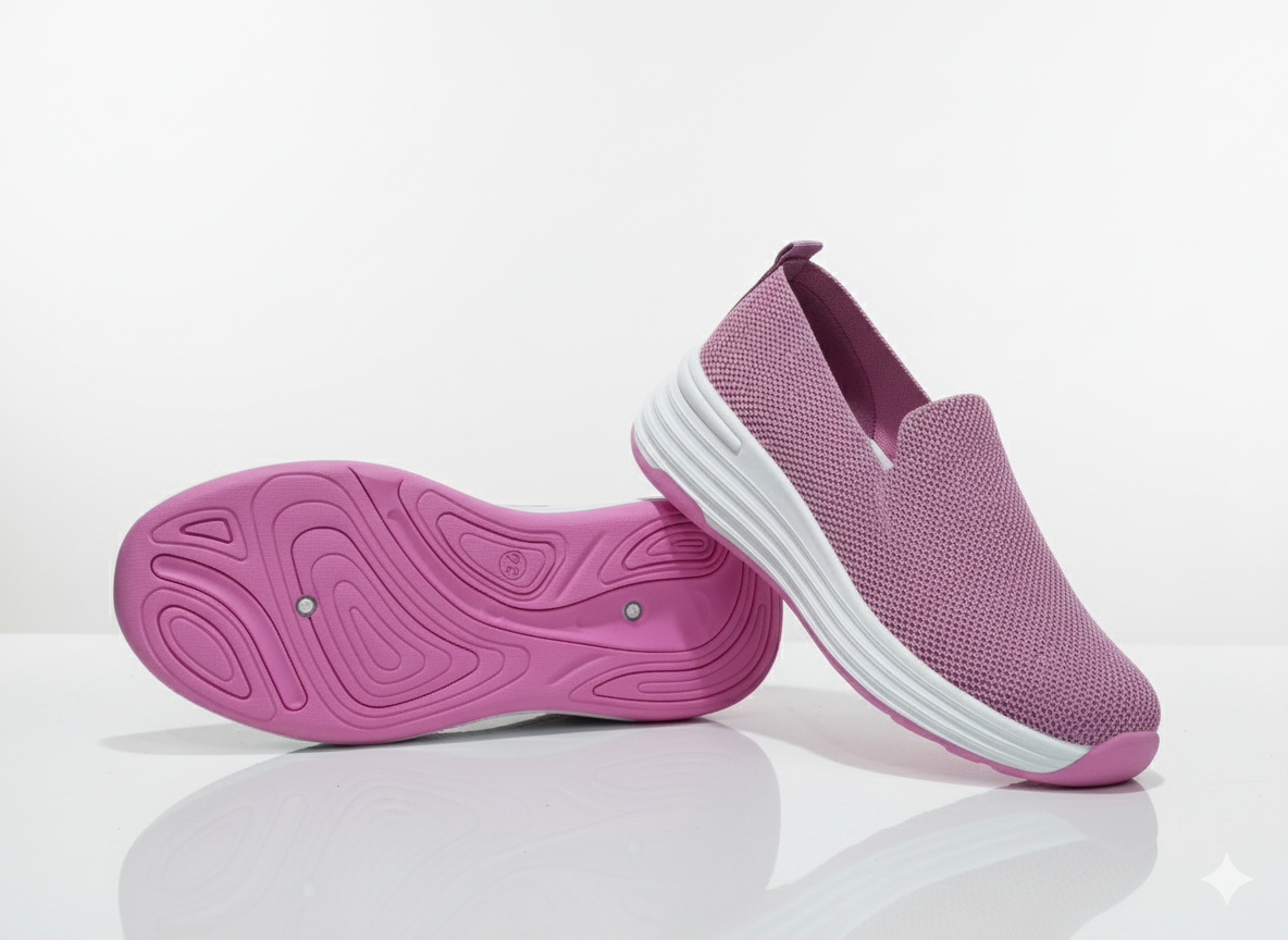 Pair of pink slip-on shoes with white soles 