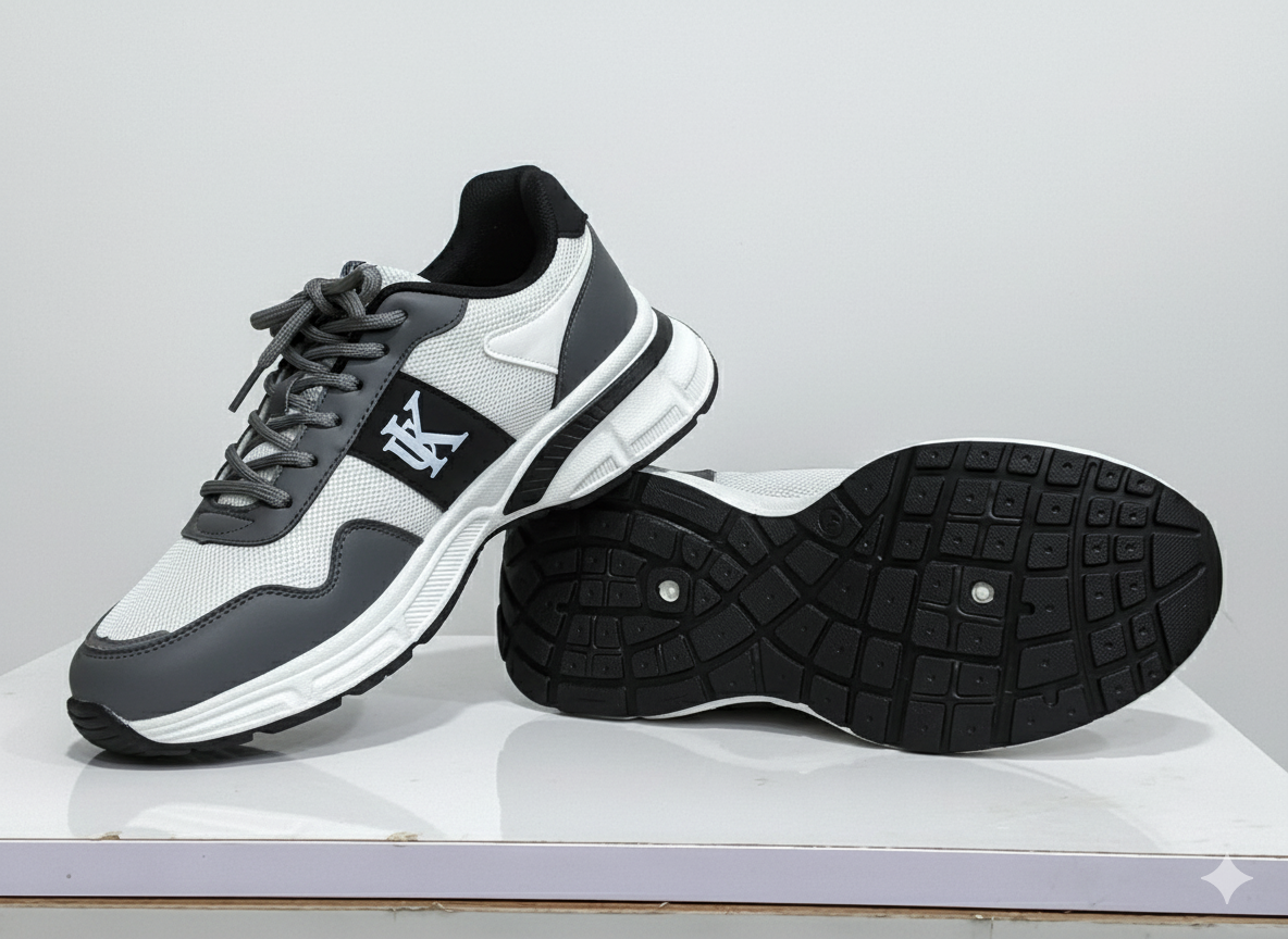 Grey and white sneakers