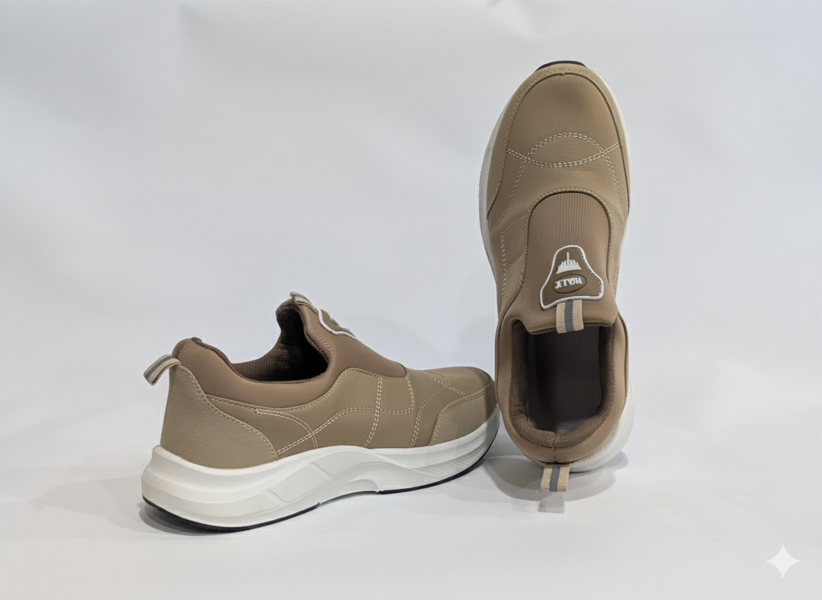 Pair of Khaki shoes with white soles 