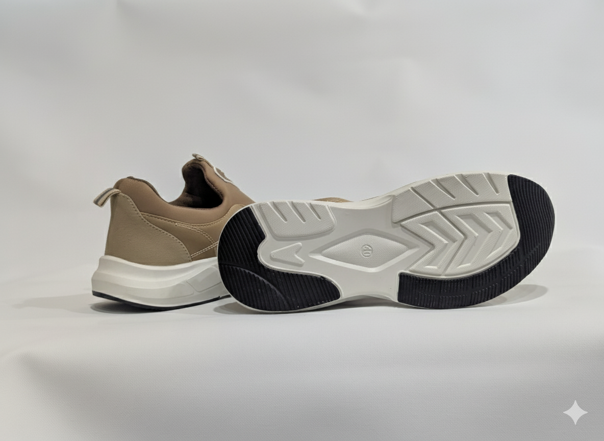 Pair of Khaki shoes with white soles 