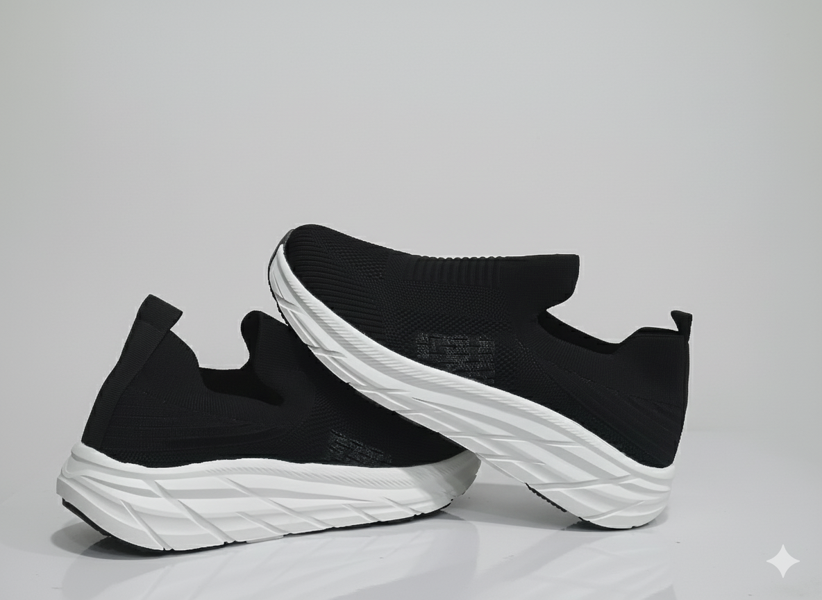 Black slip-on shoes with white soles 