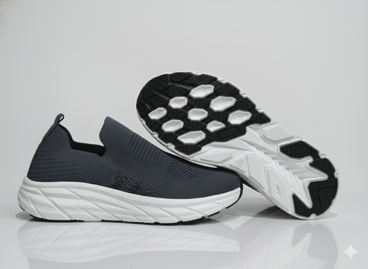 Grey slip-on sneaker with white sole 