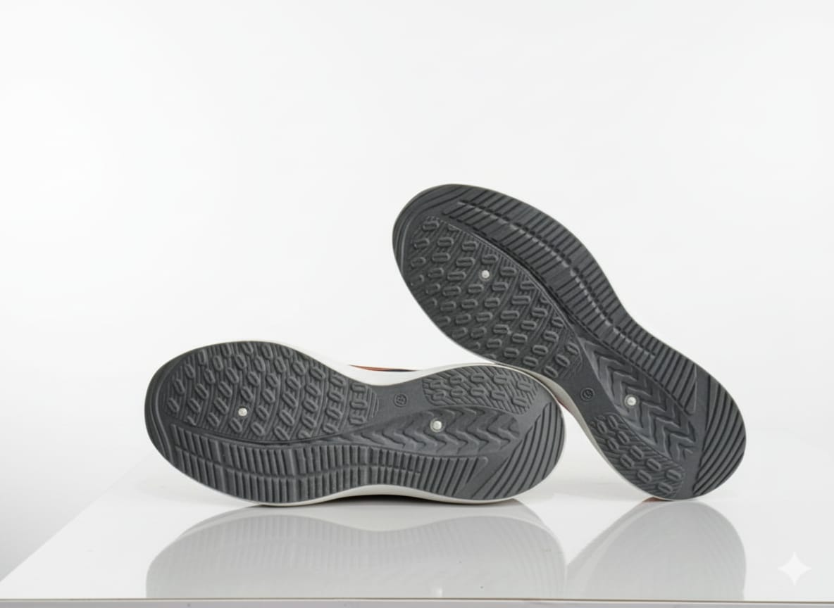 Pair of Grey and orange running shoes 